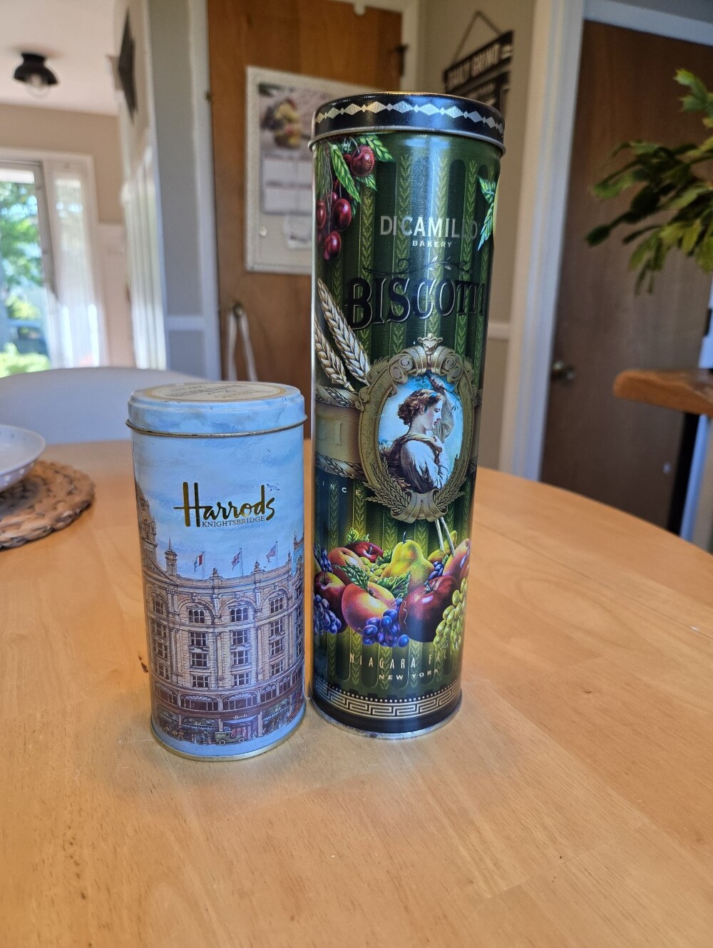 Set of 2 Biscuit Biscotti Tins Harrods England 2002 DICamillo Niagara Falls 1999